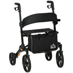 HOMCOM Senior Rollator Walker, Aluminum, Black, with Seat, Backrest, Adjustable Handle Height, and Storage Bag