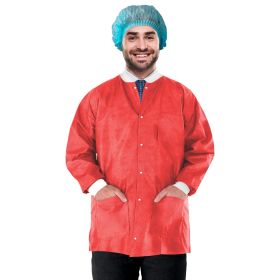 Disposable Lab Jackets, 29" Long. Pack of 100 Red Hip-Length Work Gowns Small. SMS 50 gsm Shirts with Snaps Front, Knit Cuffs & Collar