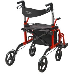VEVOR 2 in 1 Rollator Walker & Transport Chair for Seniors, Folding Rolling Walker Wheelchair Combo & Footrests (Color: Red)